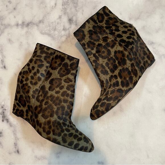 Brian Atwood Bellaria Leopard Print Fur Wedge Booties - Picture 1 of 11
